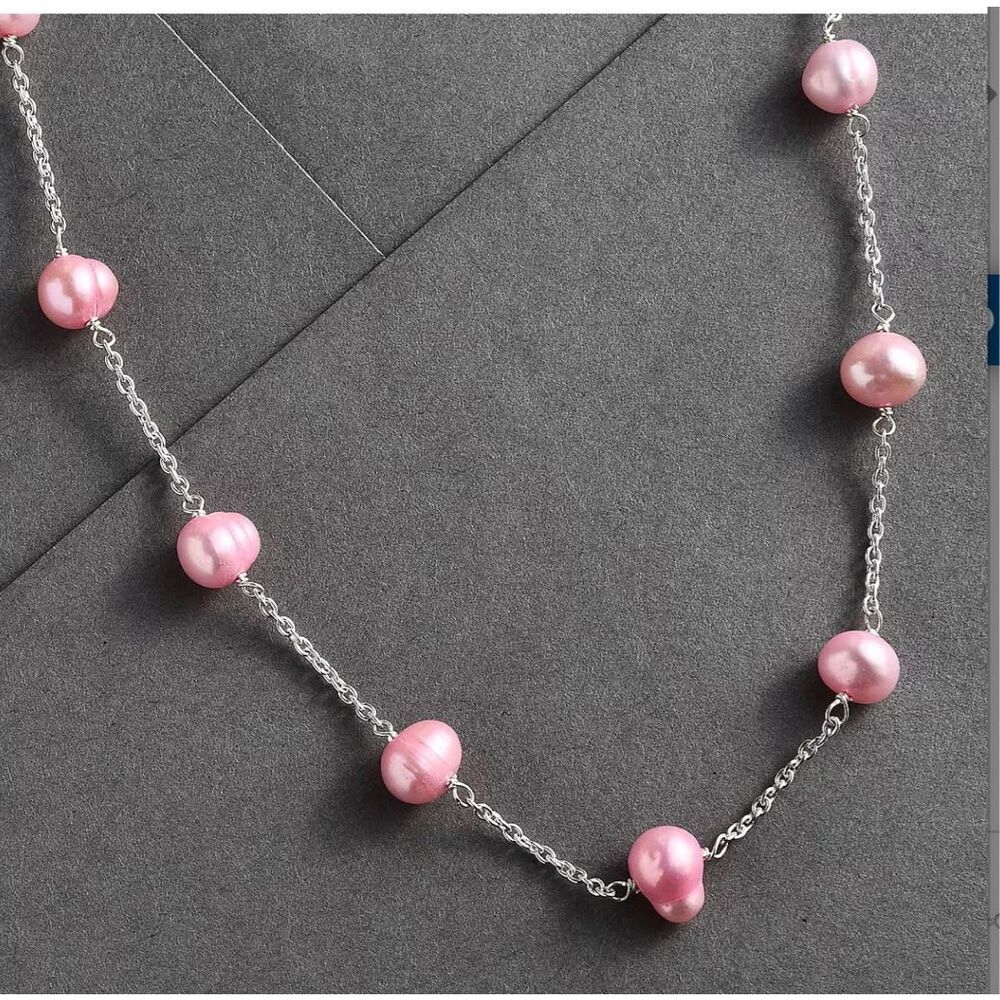 Pink Freshwater Pearl Station Necklace 18 Inches in Sterling Silver